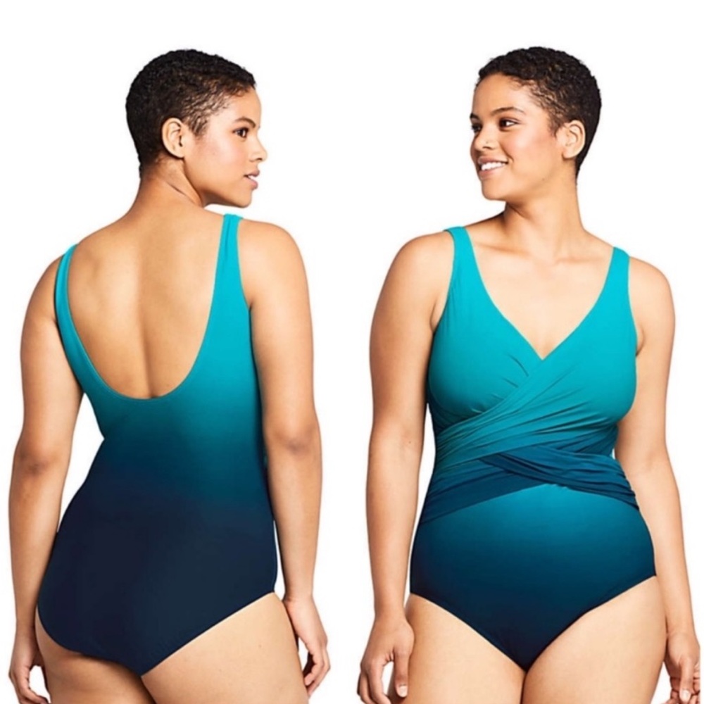 Lands' End SlenderSuit Wrap One Piece Blue Swimsuit Bathing Suit Plus Size 22W